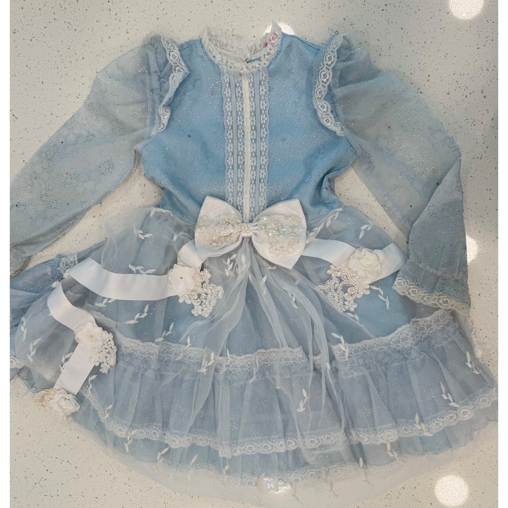Miss Quality Party Dress Girls Size 7 Blue Excellent Vintage Lace Glitter Bow